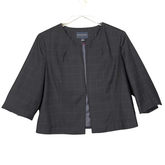 Banana Republic Blazer Womens 12 Black‎ Cropped Windowpane Lined 3/4 Sleeves - Picture 1 of 13
